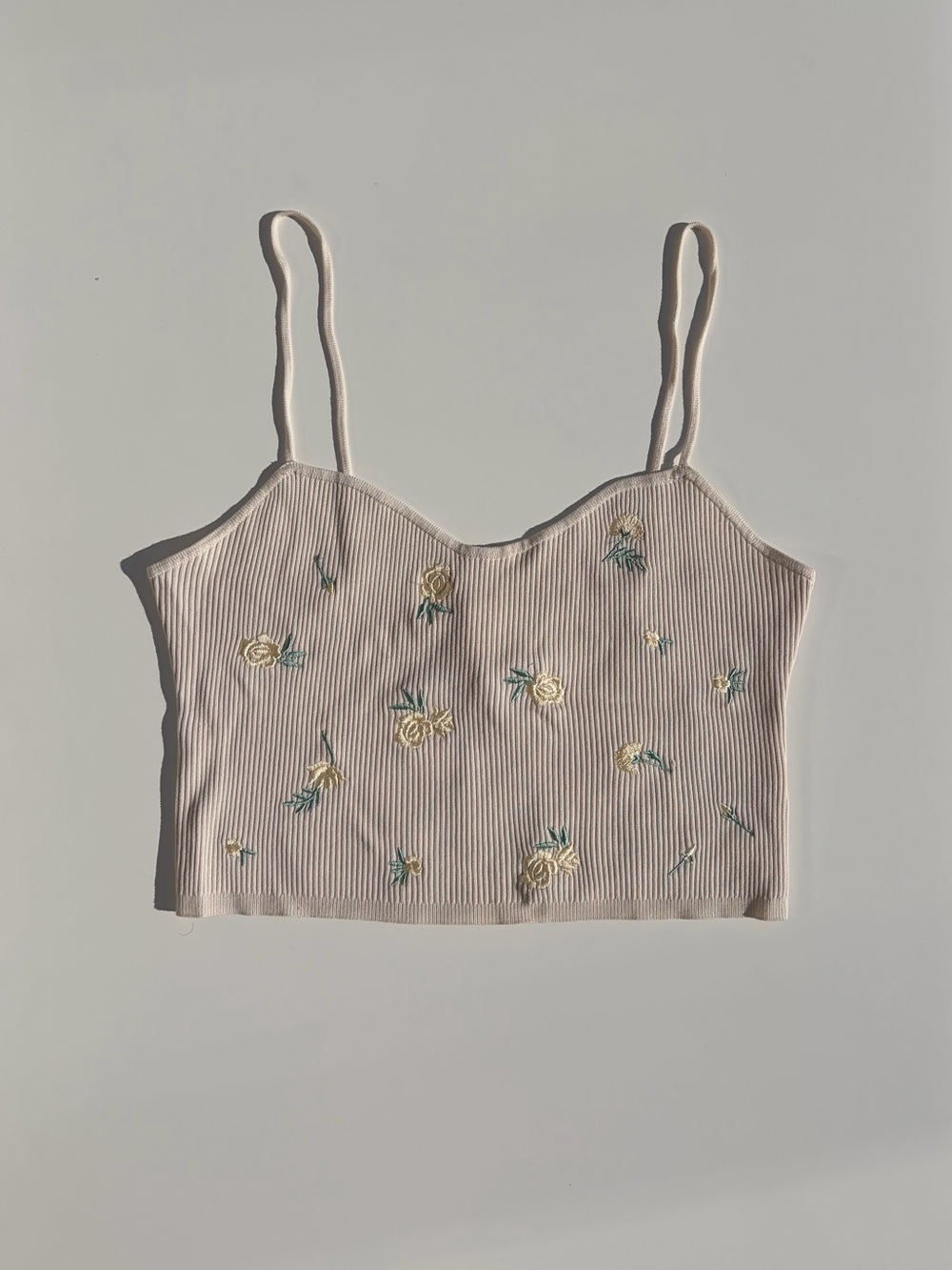 H&M Floral Embroidered Ribbed Crop Cami
